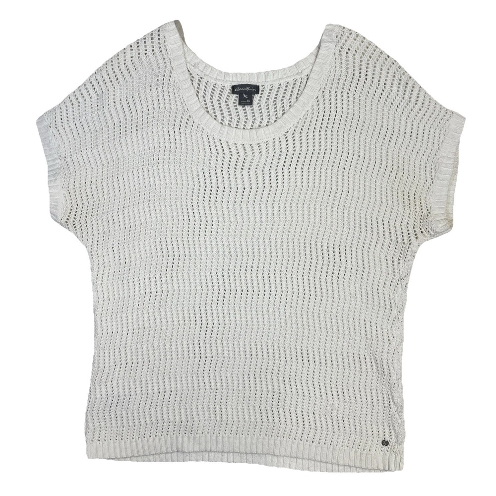 Eddie Bauer Cap Sleeve Linen Blend Open Knit Top XL White Beach Summer Resort